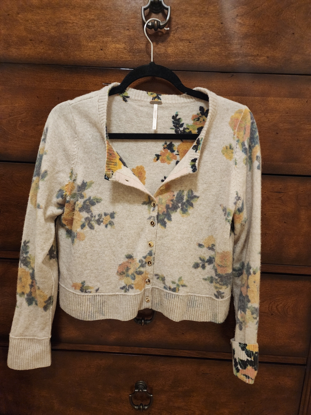Cashmere Free People Cream Floral Button-Up Cardigan with Reverse Pattern